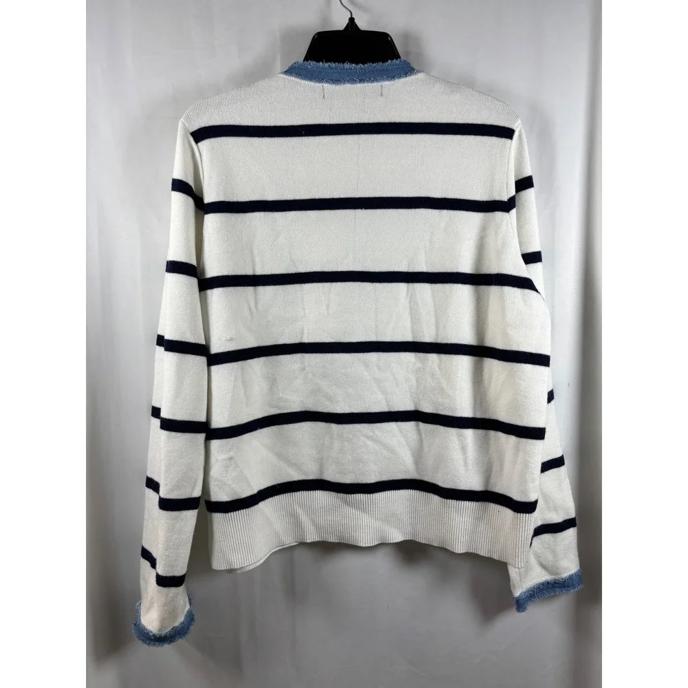 Love Scarlett Women‎ Navy White Striped Cardigan Frayed Denim Trim Size L